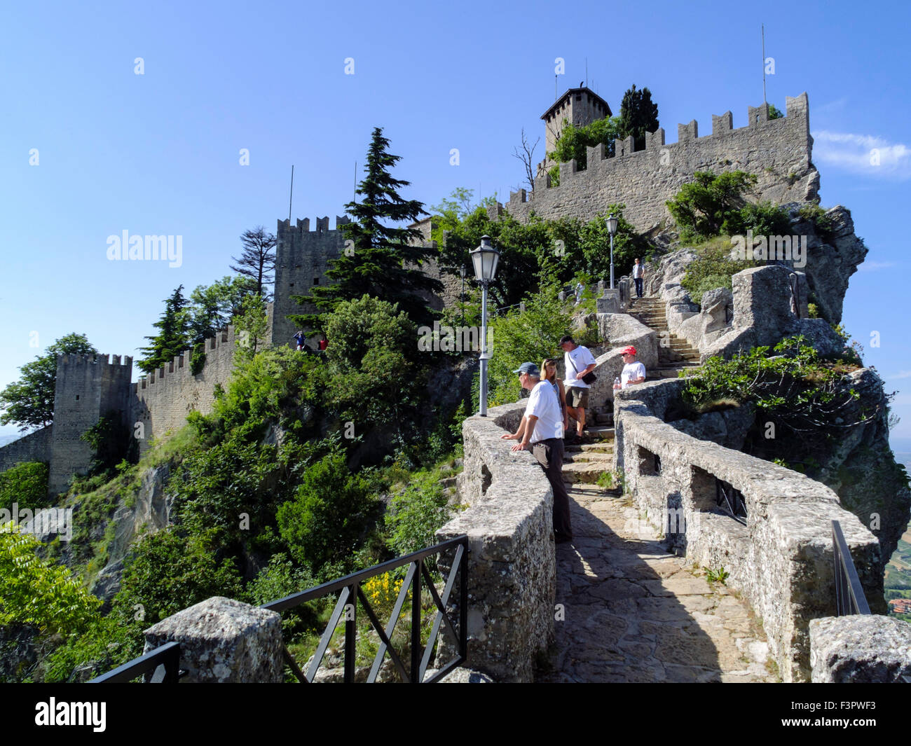 Italy, Emilia-Romagna, Republic of San Marino - the fortress on the craggy rock. Stock Photo
