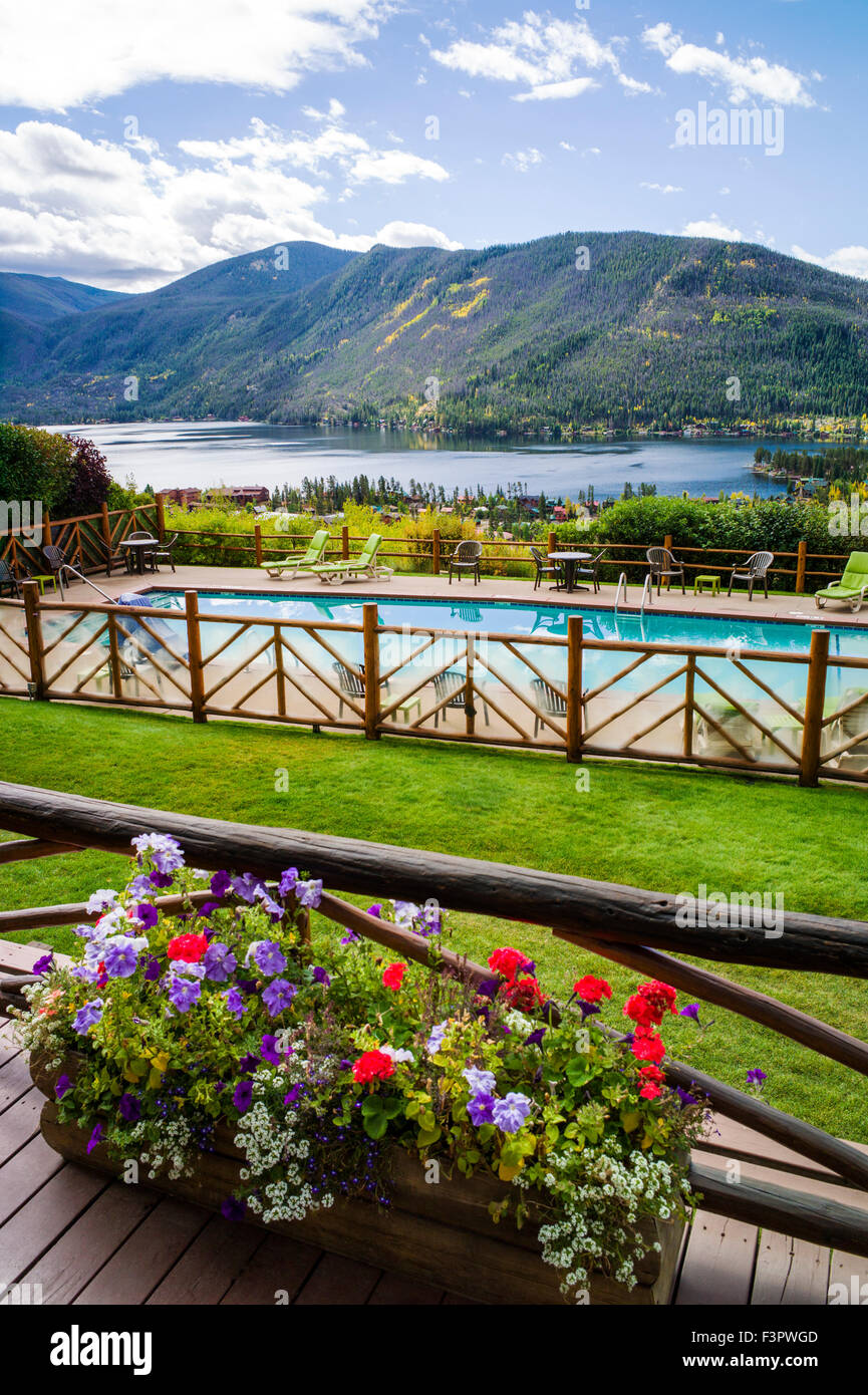 View from porch of historic Grand Lake Lodge; near Rocky Mountain National Park; Colorado; USA Stock Photo