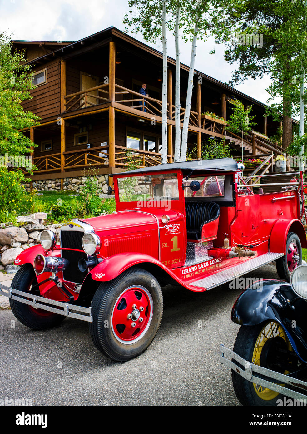 Two vintage antique Ford autos; historic Grand Lake Lodge; near Rocky Mountain National Park; Colorado; USA Stock Photo