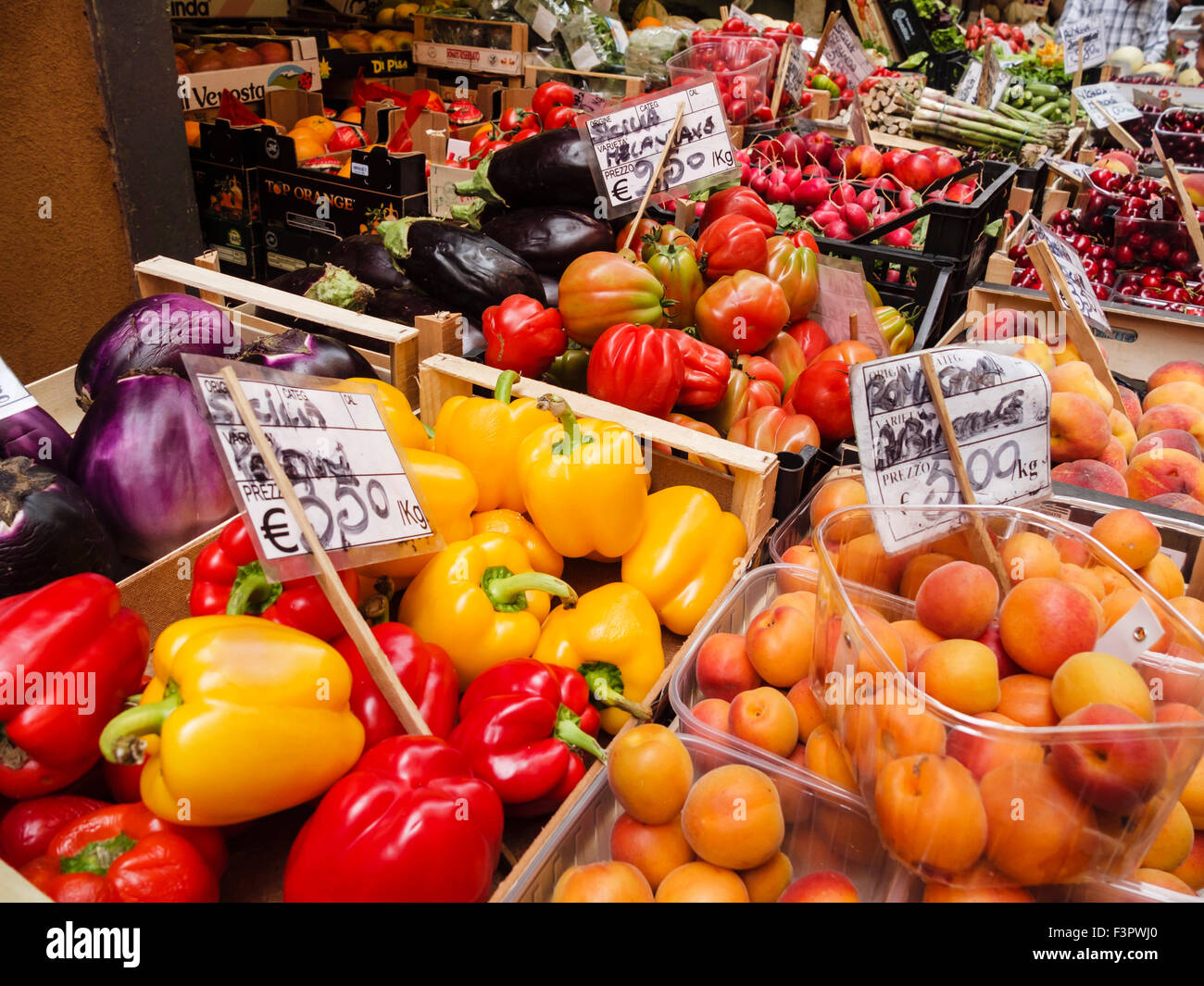 Italy, Emilia-Romagna region, Bologna - market food sellers. Fruit and vegetable market. Stock Photo