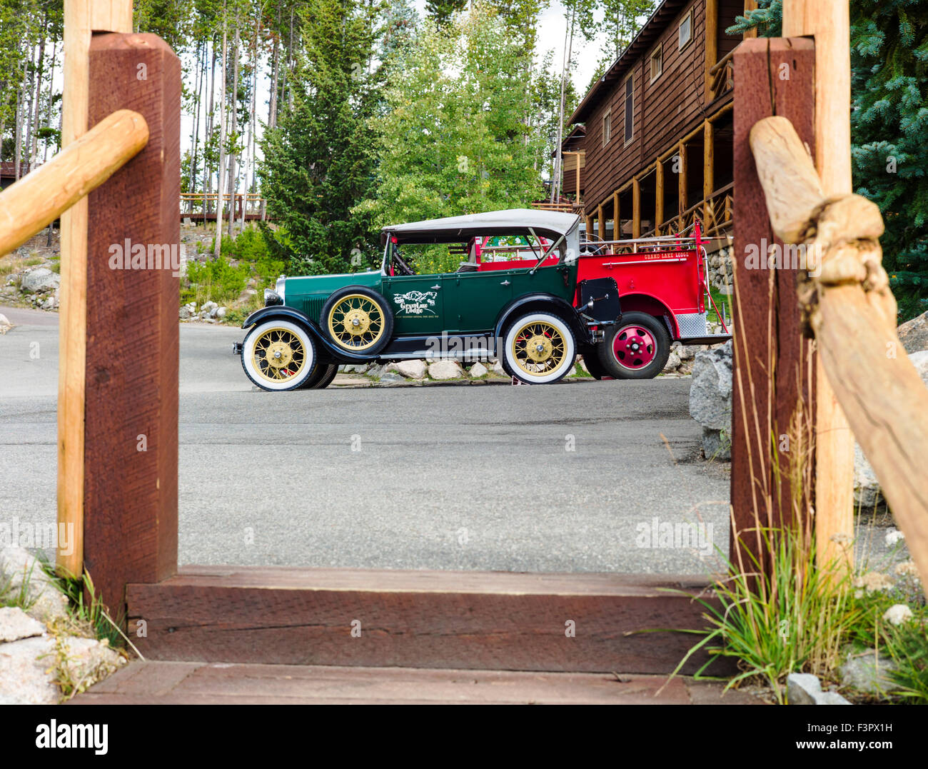 Two vintage antique Ford autos; historic Grand Lake Lodge; near Rocky Mountain National Park; Colorado; USA Stock Photo