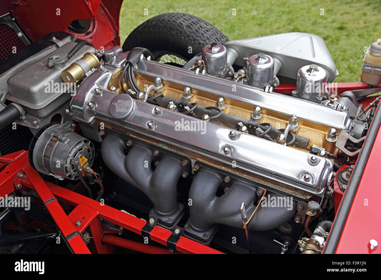 Engine compartment of red 1967 Jaguar E type coupe Stock Photo