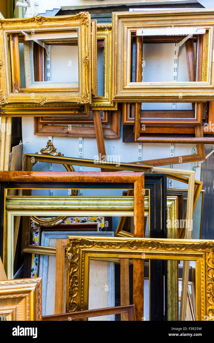 Paris, France, Old Picture Frames on Wall Display in French Flea Market