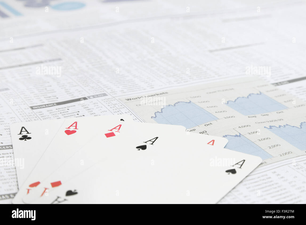 Playing cards showing all Aces on a News paper Stock market financial