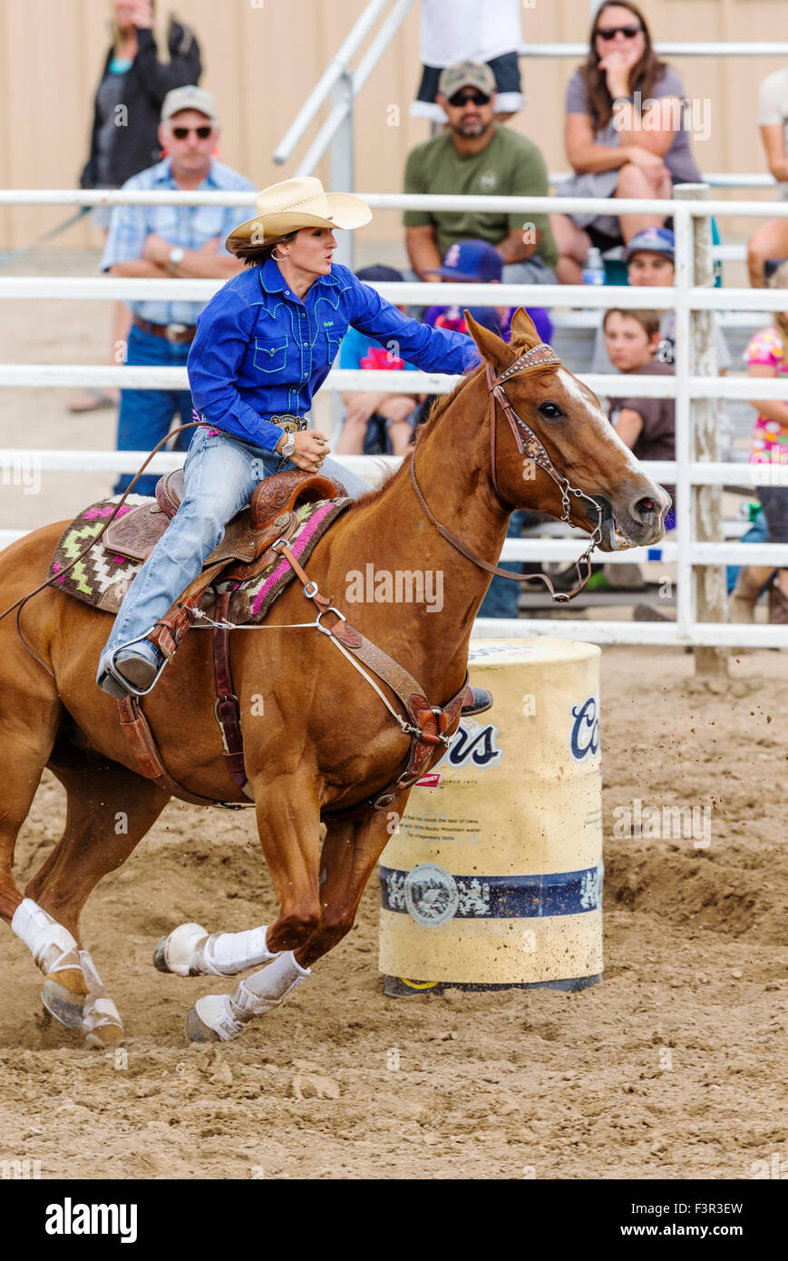 Rodeo cowgirl on horseback competing in barrel racing event, Chaffee