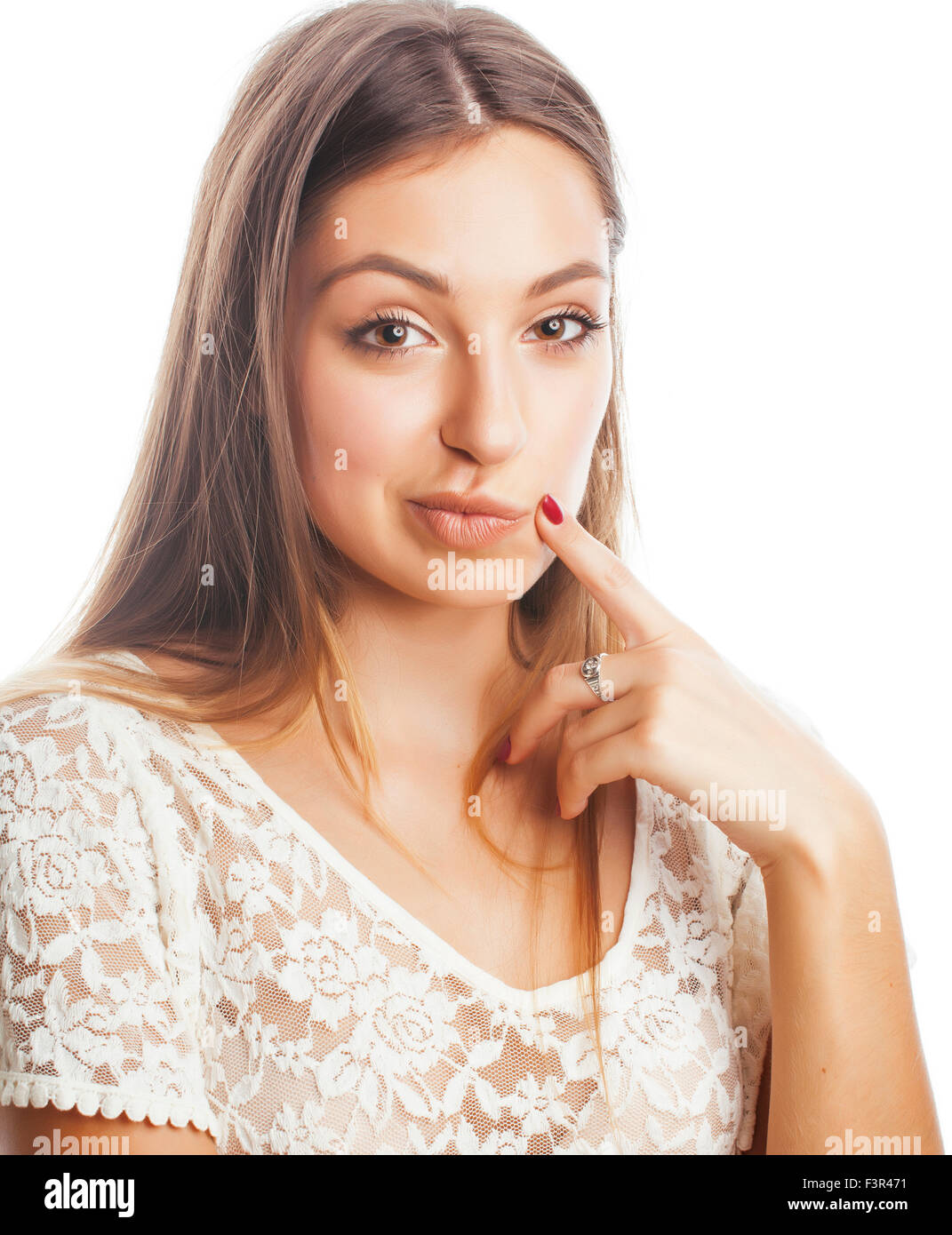 young beauty woman smiling dreaming isolated on white close up Stock ...