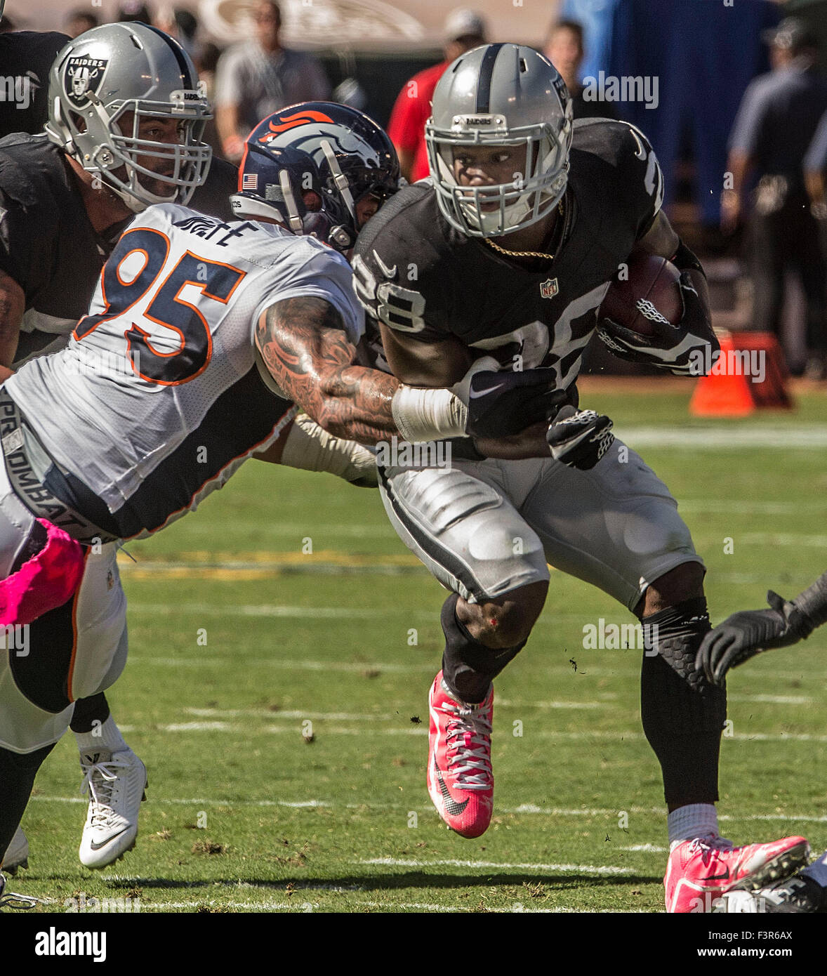 Denver Broncos running back Latavius Murray (28) walks on the sidelines  before the second half of an NFL football game against the Tennessee Titans  Sunday, Nov. 13, 2022, in Nashville, Tenn. (AP