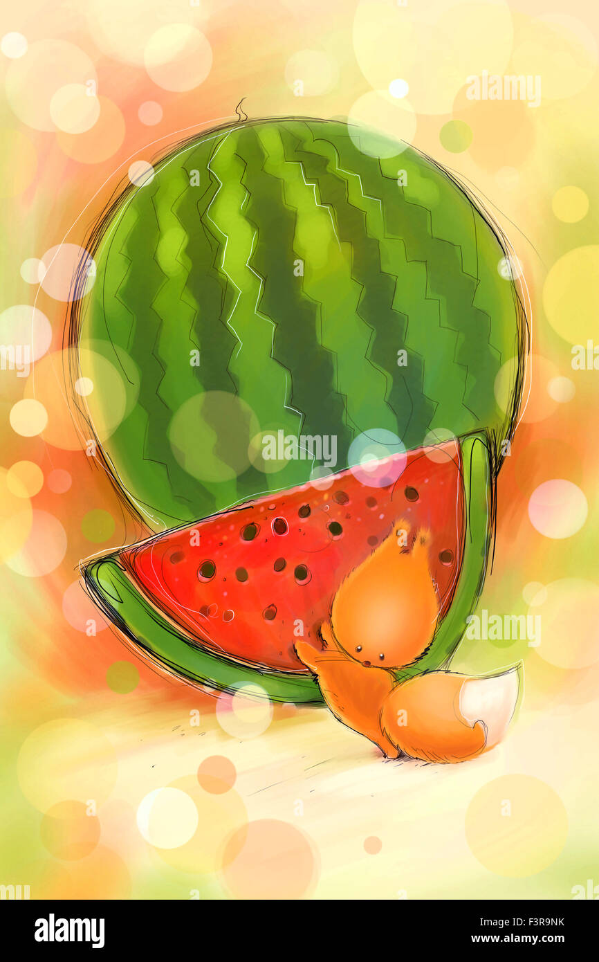 Watermelon Raster Flashcard Vintage card on which little squirrels and watermelon. Raster ...