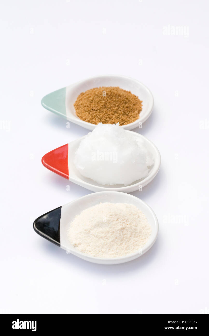 Coconut sugar, coconut oil and coconut flour. Stock Photo