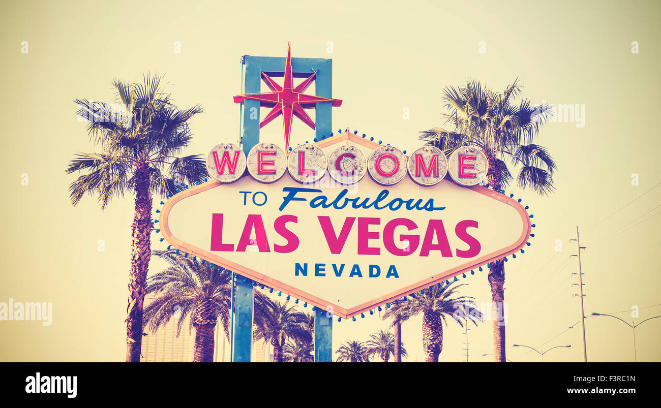 Retro vintage toned Welcome To Las Vegas Sign, USA. Stock Photo