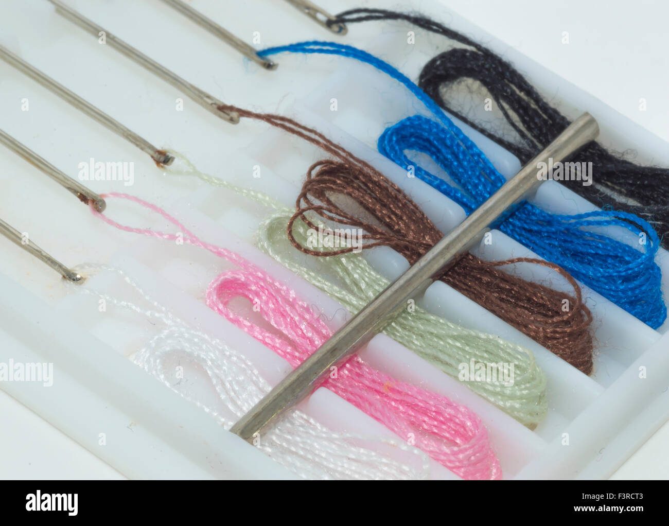 Colorful thread and needle macro with white background Stock Photo - Alamy