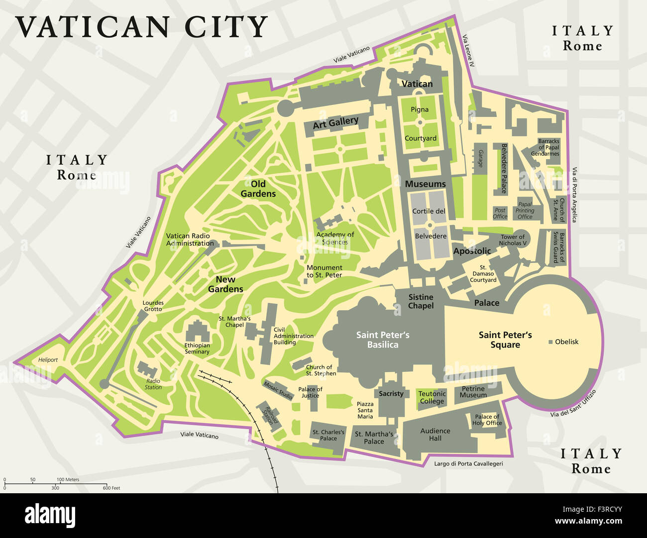 Vatican city political map. City state in Rome, Italy with national borders, important buildings, sights and gardens. Stock Photo