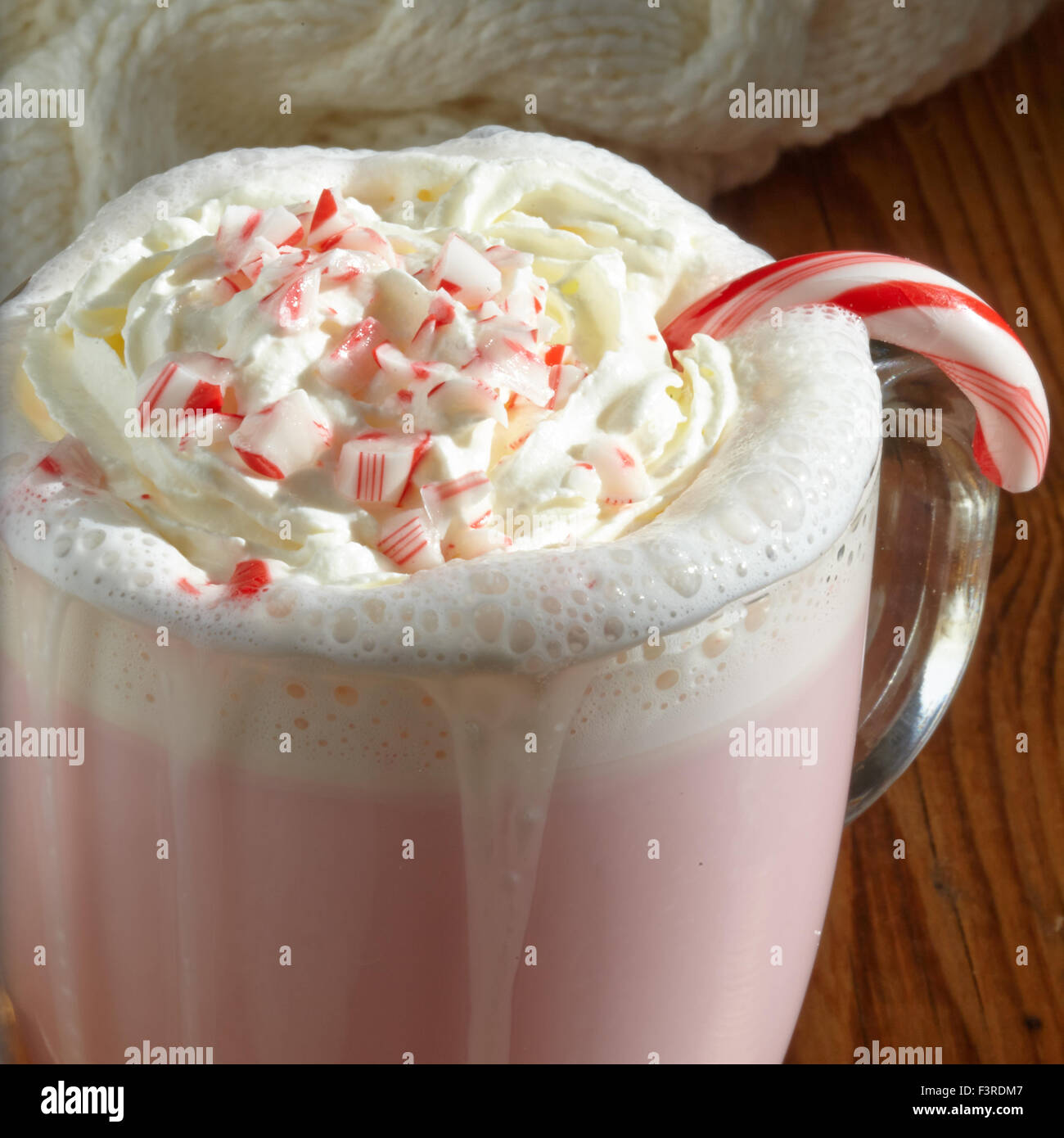 White hot chocolate with peppermint canes Stock Photo