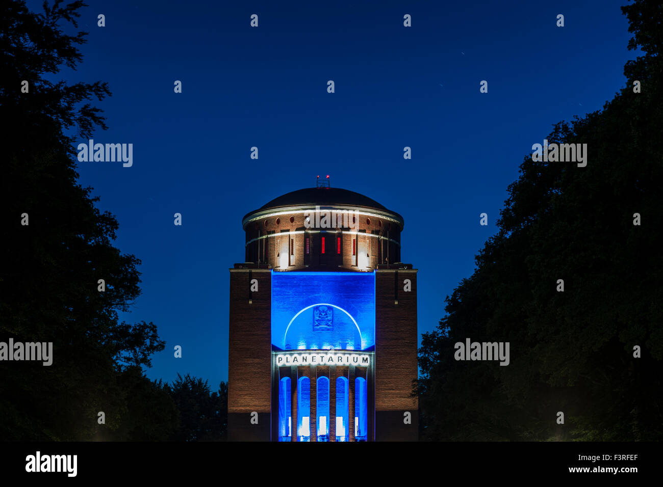 Illuminated Planetarium, Hamburg, Germany Stock Photo