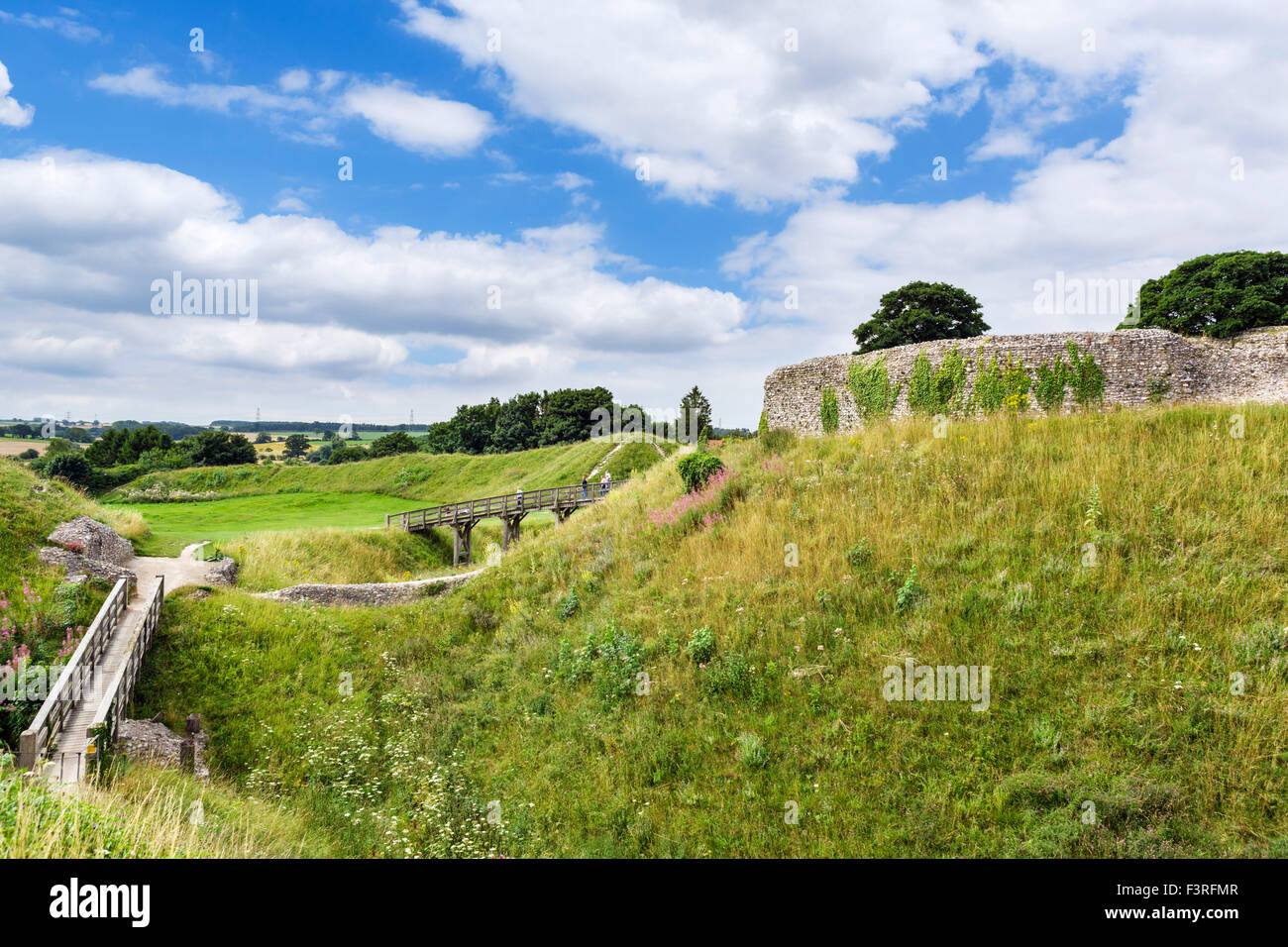 The ruins of Castle Acre Castle, a medieval  motte-and-bailey castle, Castle Acre, Norfolk, England, UK Stock Photo