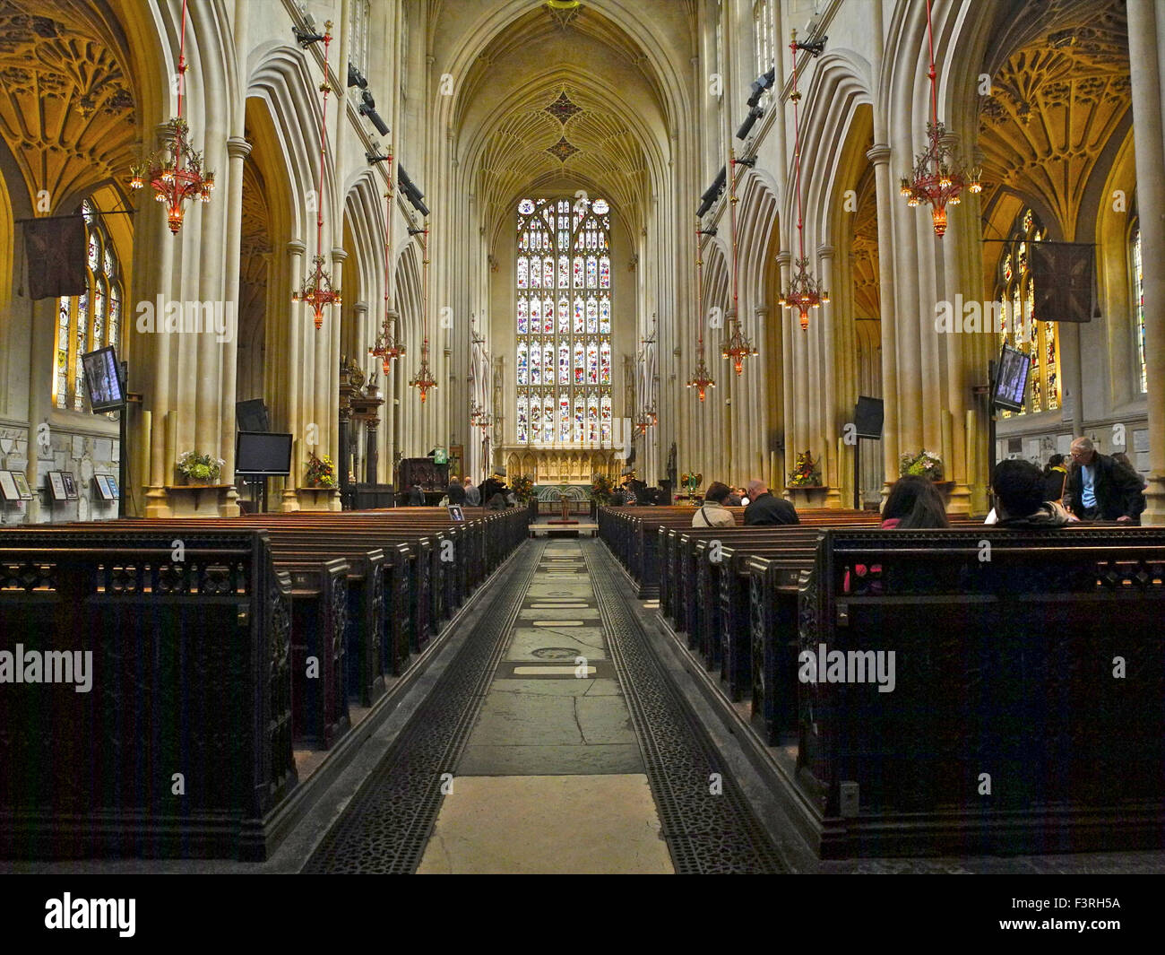 Bath Abbey looking towards The Choir and the Altar at the East end of the church from the West Door. Stock Photo