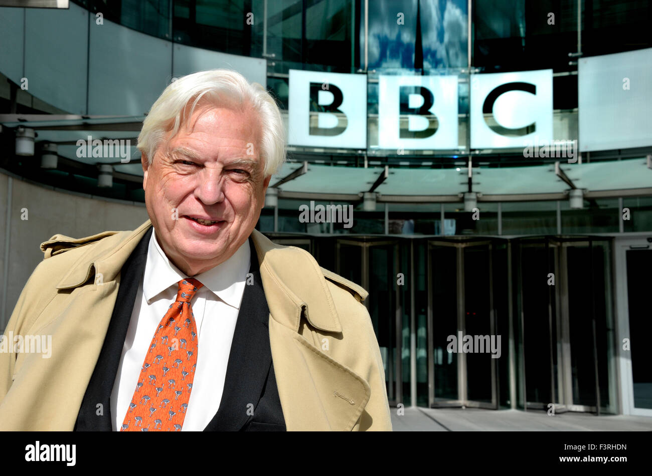 John Simpson CBE, World Affairs Editor of BBC News, outside New Broadcasting House, London Stock Photo