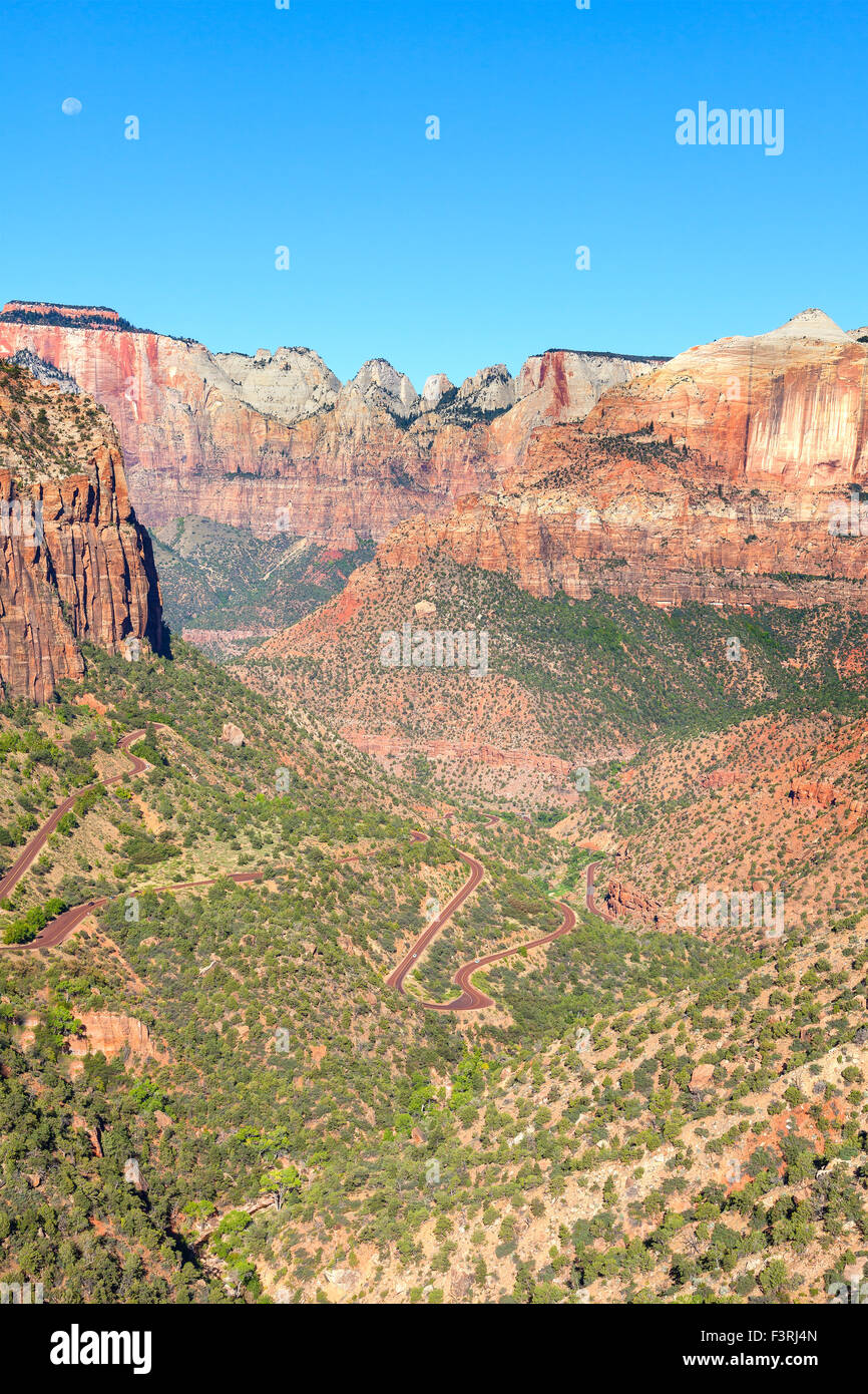 Mountain landscape with moon in Zion National Park, Utah, USA. Stock Photo