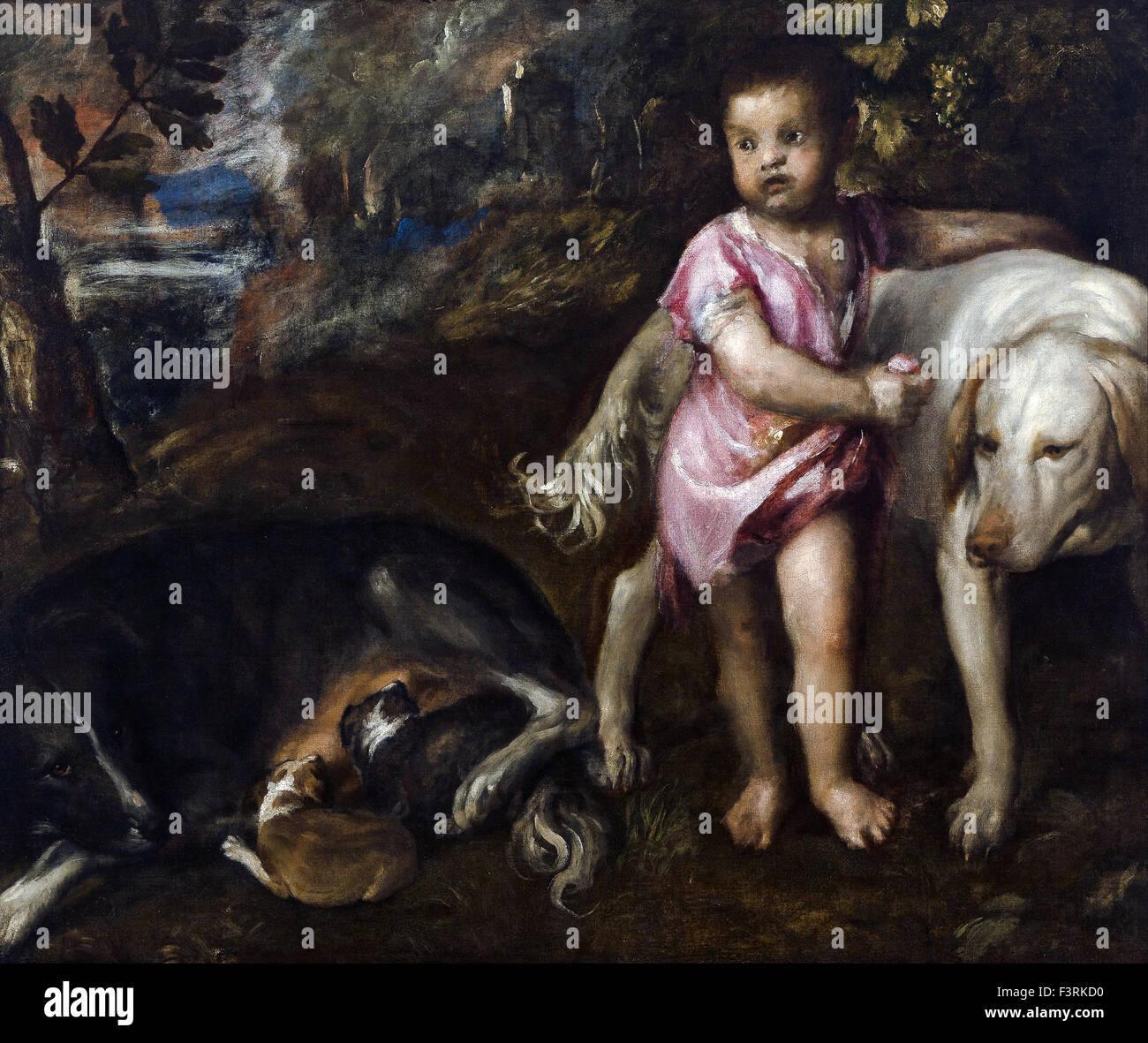 Tiziano Vecellio - Titian - Boy with Dogs in a Landscape Stock Photo