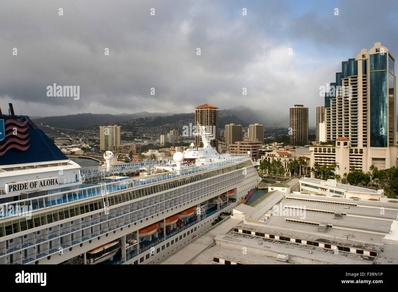 Cruise ship moored in the port of Honolulu. O'ahu. Hawaii. Pride of Aloha. Boat cruises around Hawaii give visitors the chance t Stock Photo