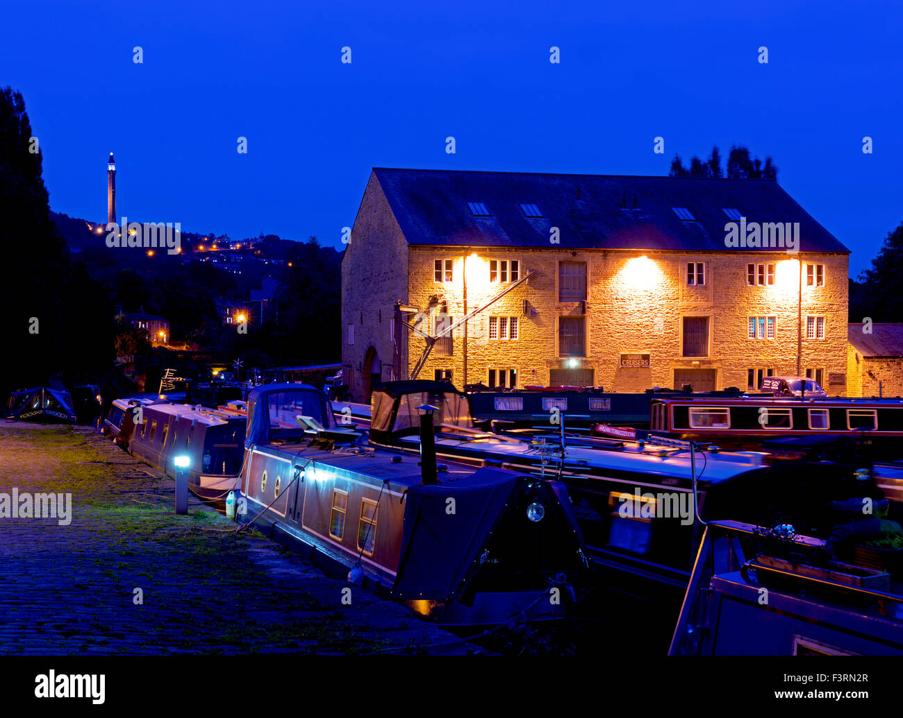 The Rochdale Canal at Sowerby Bridge, at night, Calderdale, West Yorkshire, England UK Stock Photo