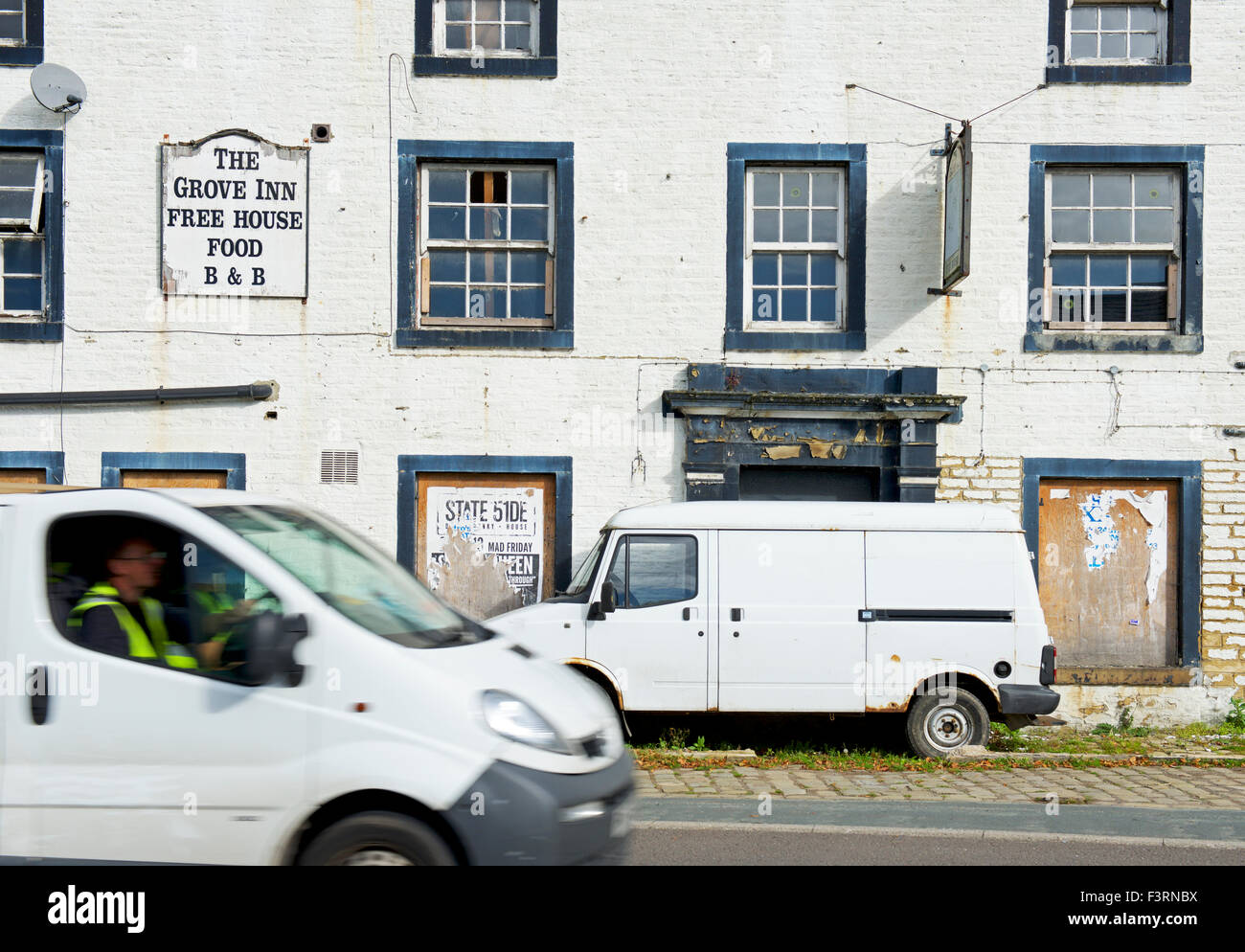 Van passing the Grove Inn - now closed - in Brearley, Calderdale, West Yorkshire, England UK Stock Photo