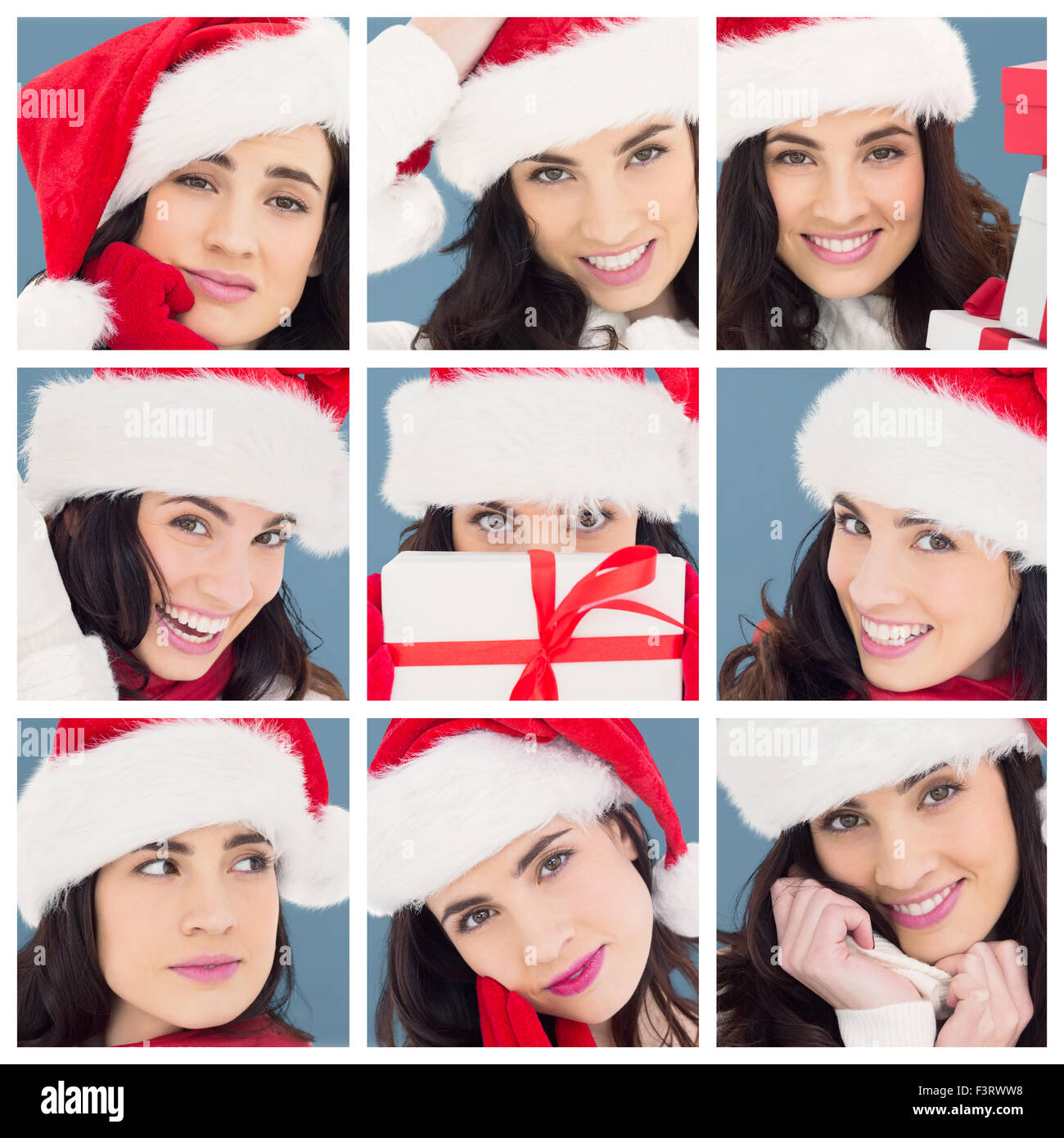 Composite image of unsure brunette in santa hat packing gifts Stock Photo