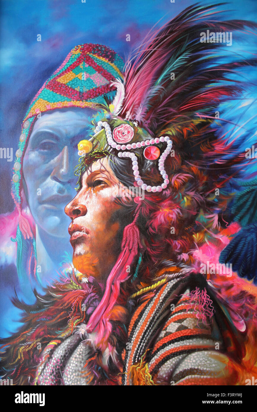Contemporary Painting Of An Inca Warrior and Modern-day Peruvian Man Stock Photo