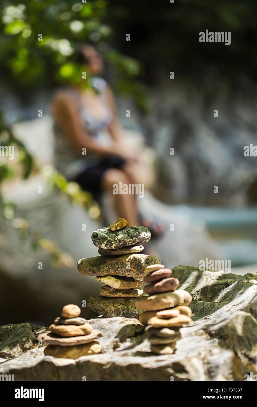Stacked rock tower in nature, man made. Stock Photo