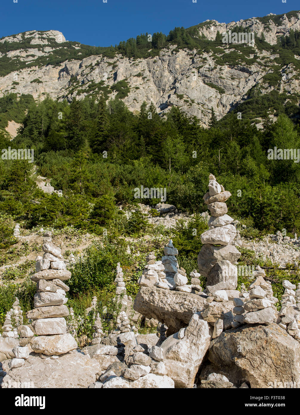 Stacked rock tower in nature, man made. Stock Photo