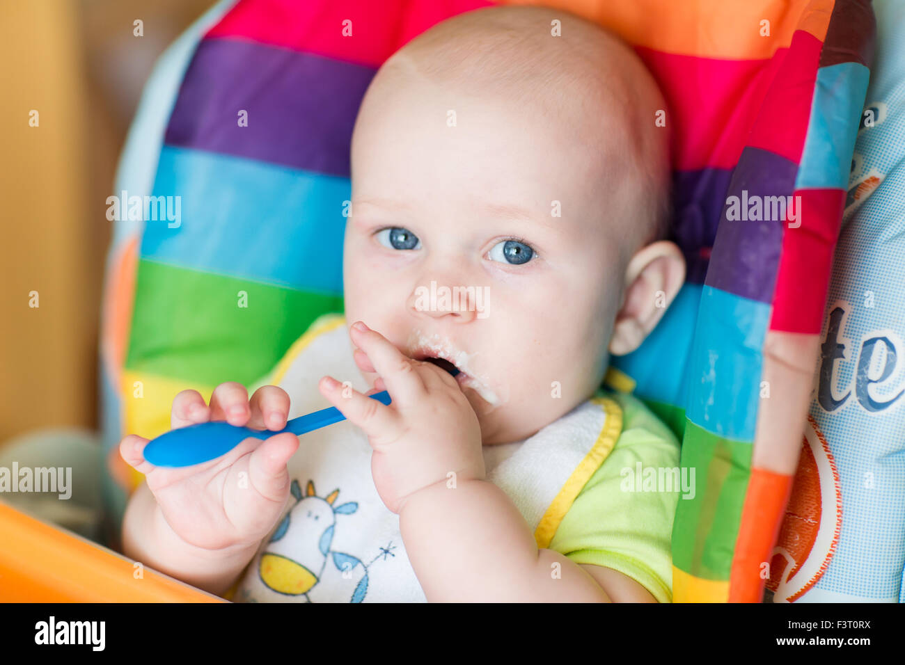 Adorable baby eating in high chair. Baby's first solid food Stock Photo