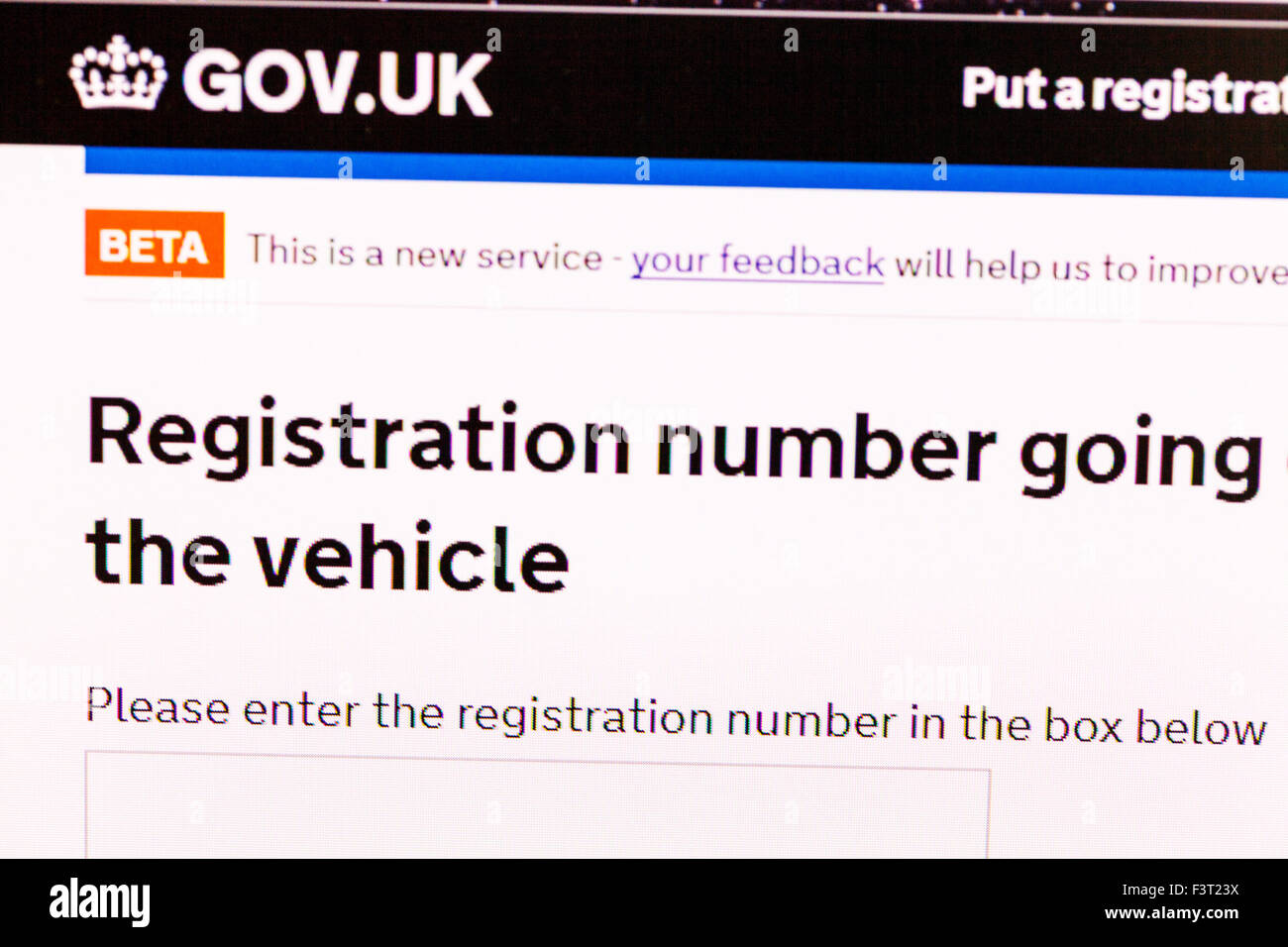 Gov.UK website homepage car registration number online screen screenshot web site Internet net beta gov UK Stock Photo