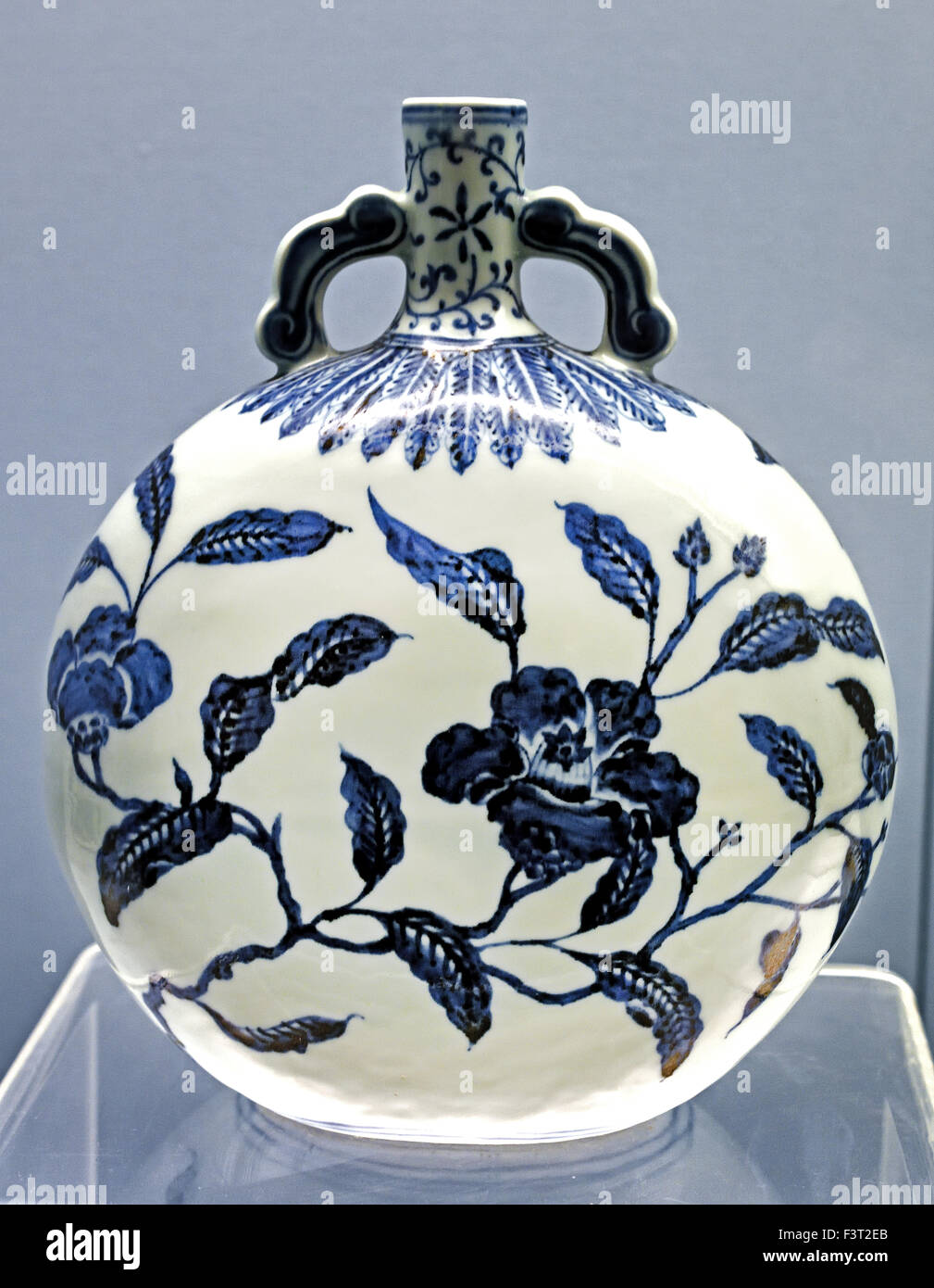 Oblated Pot  with underglaze blue design of Camellia Sprays Jingdezhen Ware Xuande Reign 1426 - 1435 AD Ming Dynasty Shanghai Museum of ancient Chinese art China Stock Photo