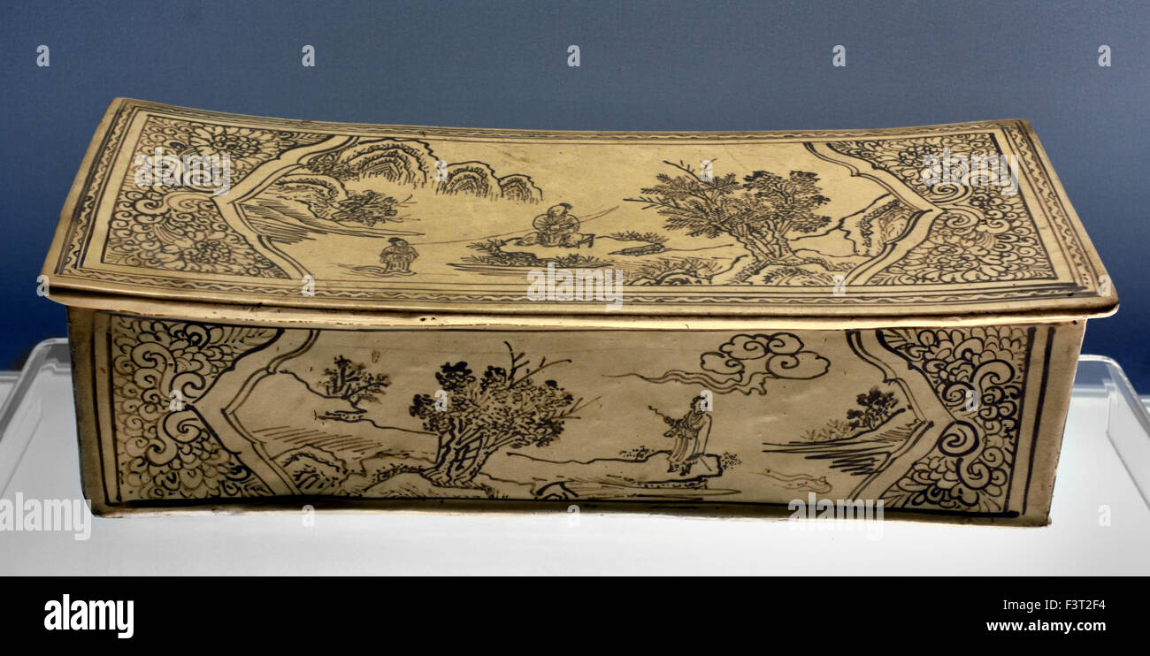 Pillow with black landscape design on a white ground Cishou Ware 1115 - 1234 AD Yuan Dynasty Shanghai Museum of ancient Chinese art China Stock Photo