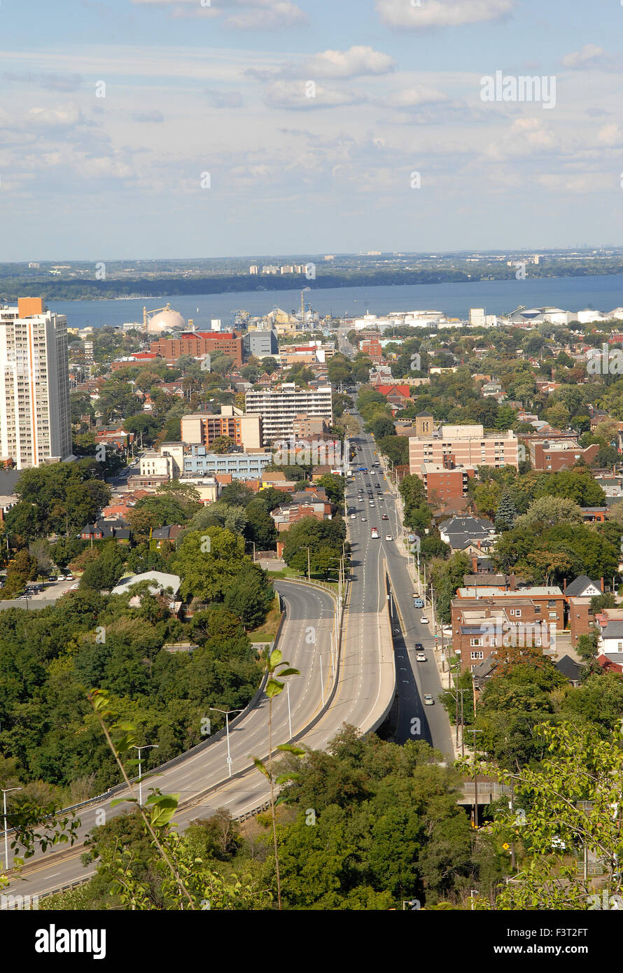 A few of downtown Hamilton Ontario Canada with the lake Ontario in the