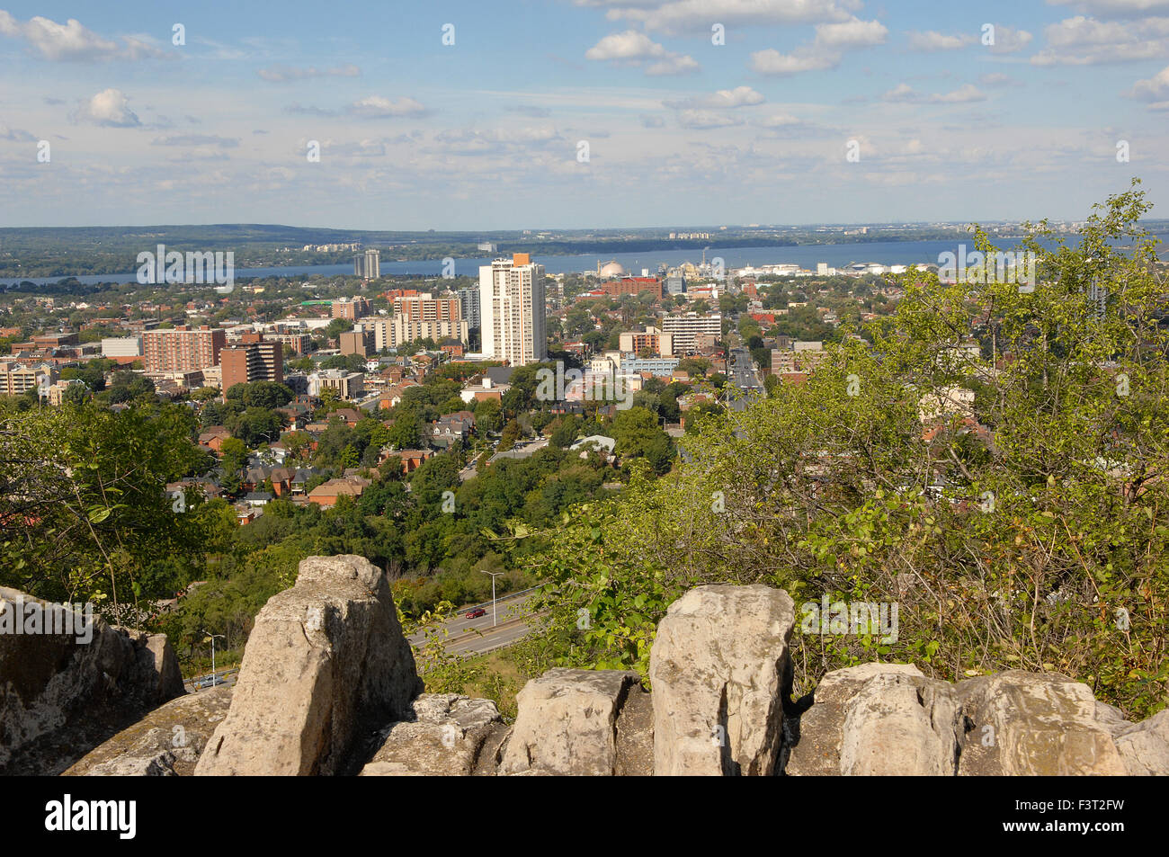 The city of Hamilton, Ontario seen from the park on the mountain with