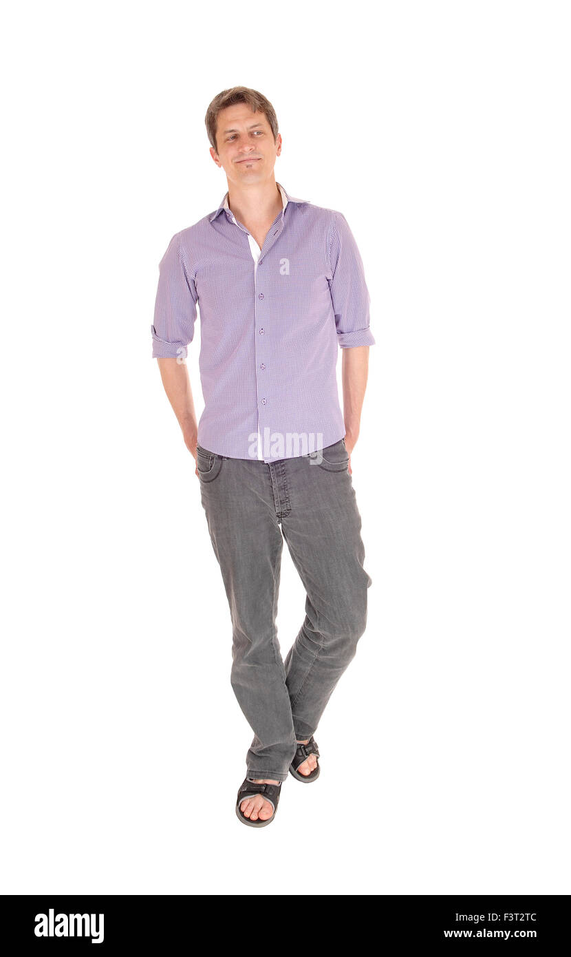 Man in purple shirt and jeans High 