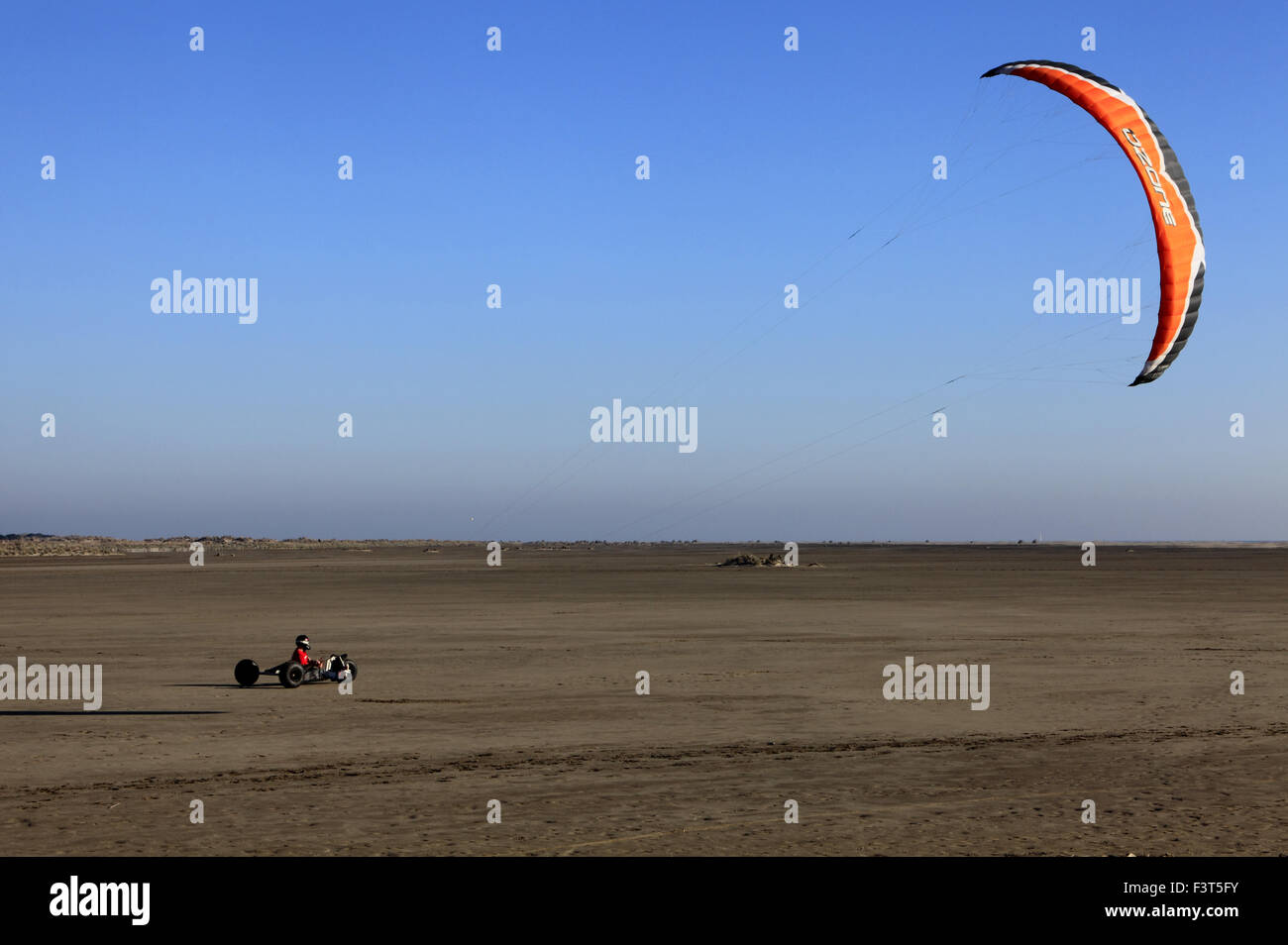 Sand yachting on the practice range Espiguette, Le Grau du Roi, Languedoc-Roussillon, France Stock Photo