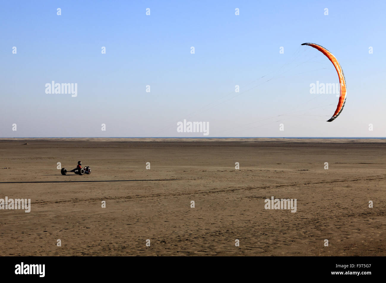 Sand yachting on the practice range Espiguette, Le Grau du Roi, Languedoc-Roussillon, France Stock Photo