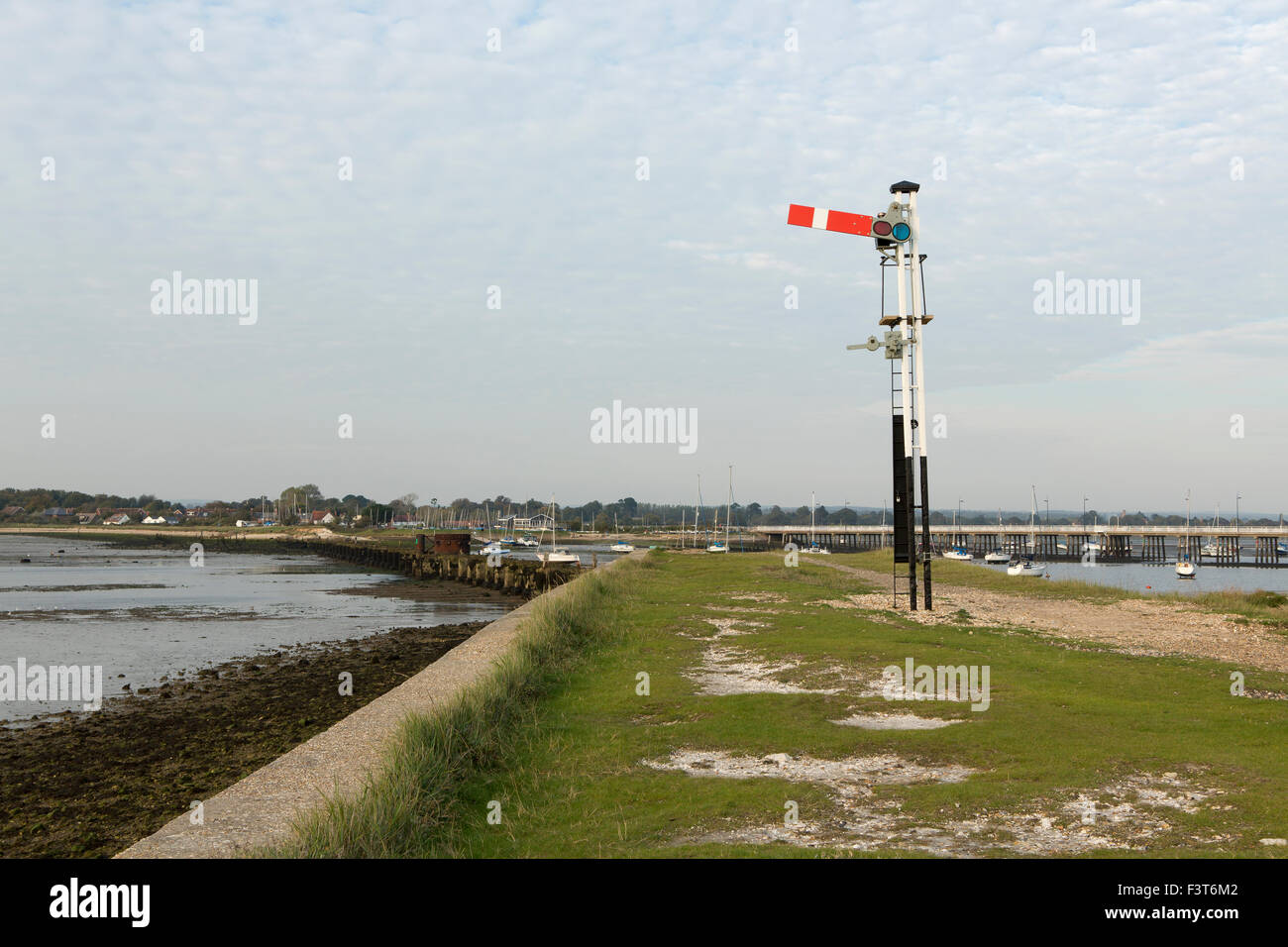 Railway signal along the disused Hayling Billy line now a footpath. The signal was officially unveiled on the 17th October 2015 Stock Photo