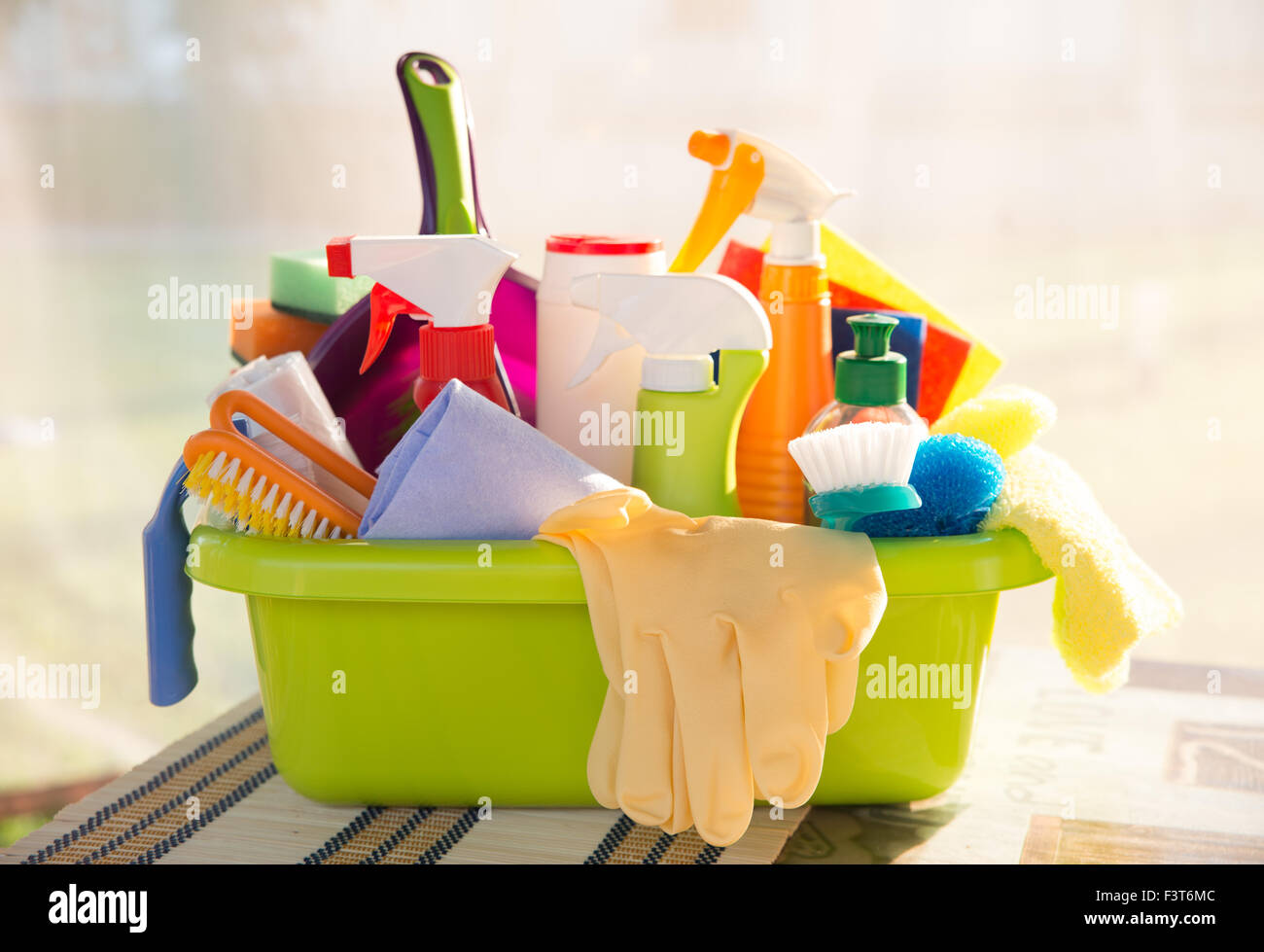 Different cleaners and things for successful housekeeping Stock Photo