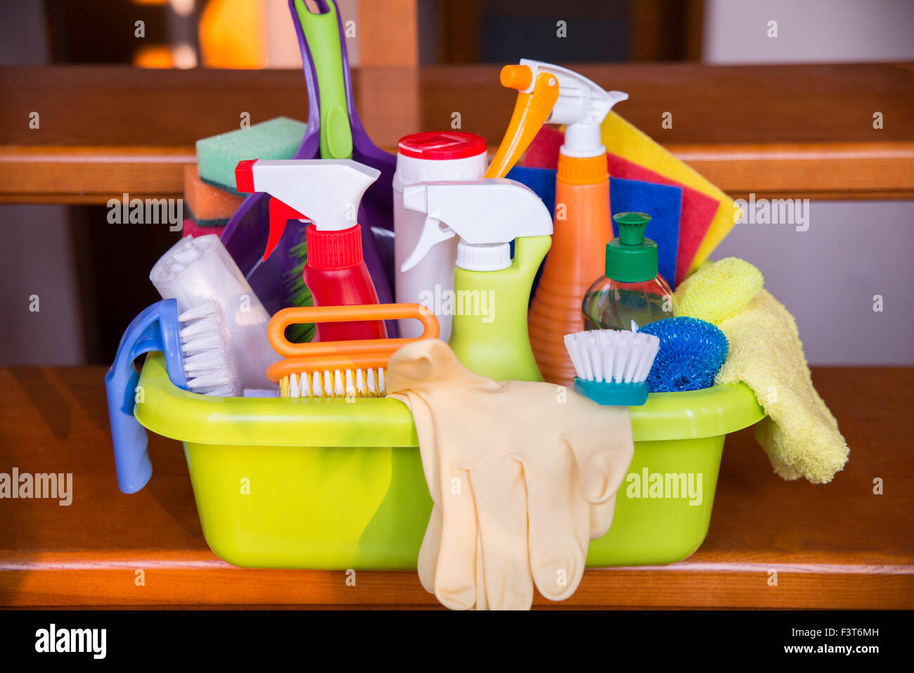 Different cleaners and things for successful housekeeping Stock Photo