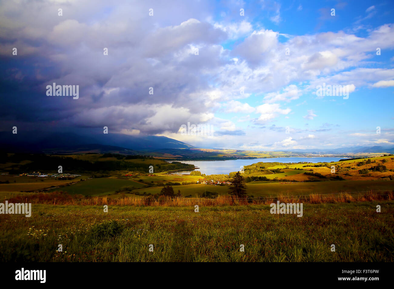 Beautiful landscape, green and yellow meadow and lake with mountain in ...