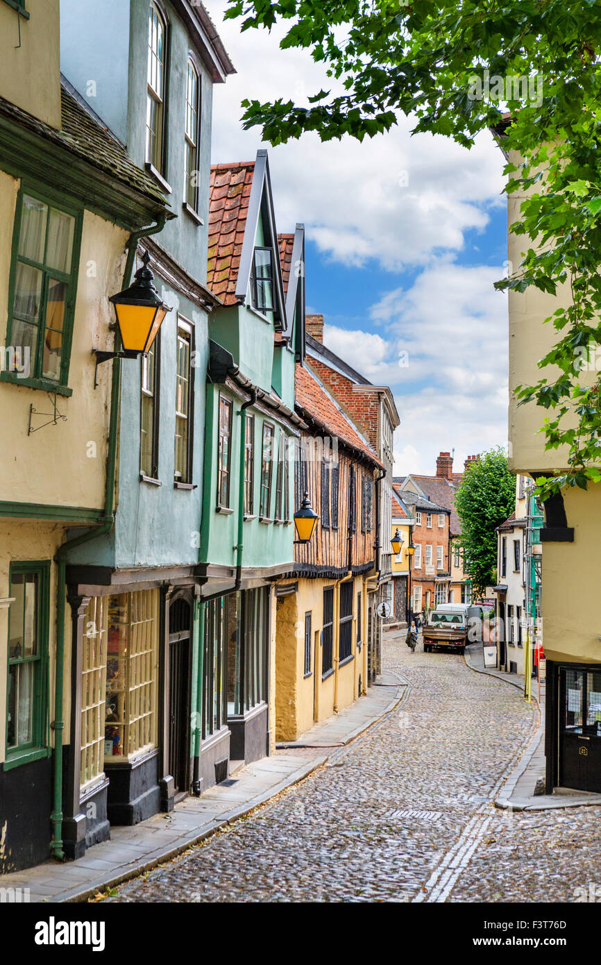 Historic Elm Hill in the old town, Norwich, Norfolk, England, UK Stock Photo