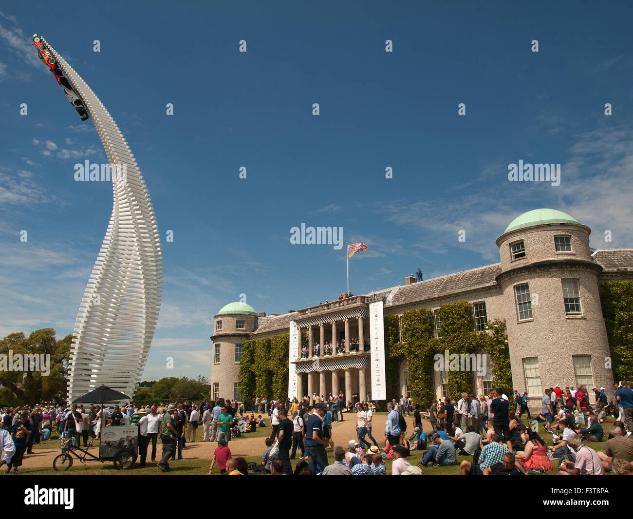 Goodwood Festival of Speed 2015 Mazda 40 metre high sculpture in front of Goodwood House featuring two Mazda race cars Stock Photo