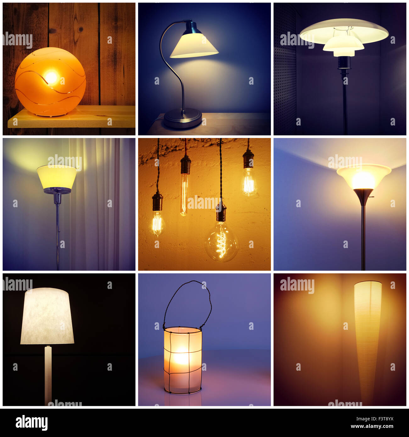 Different styles of modern lamps. Decorative lighting. Collage of nine  photos Stock Photo - Alamy