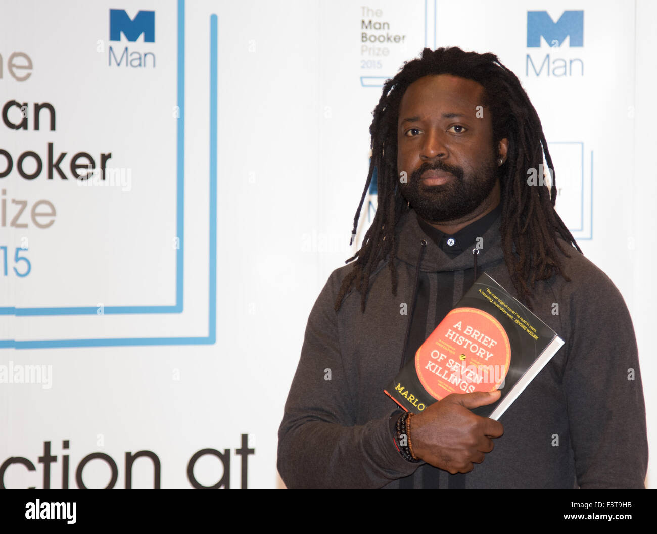 London, UK. 12th October, 2015. Man Booker Prize for Fiction Finalists gather at the Royal Festival Hall on the eve of the £50,000 prize winner's announcement. PICTURED: Jamaican writer Marlon James, author of A Brief History of Seven Killings published by Oneworld Publications. Credit:  Paul Davey/Alamy Live News Stock Photo