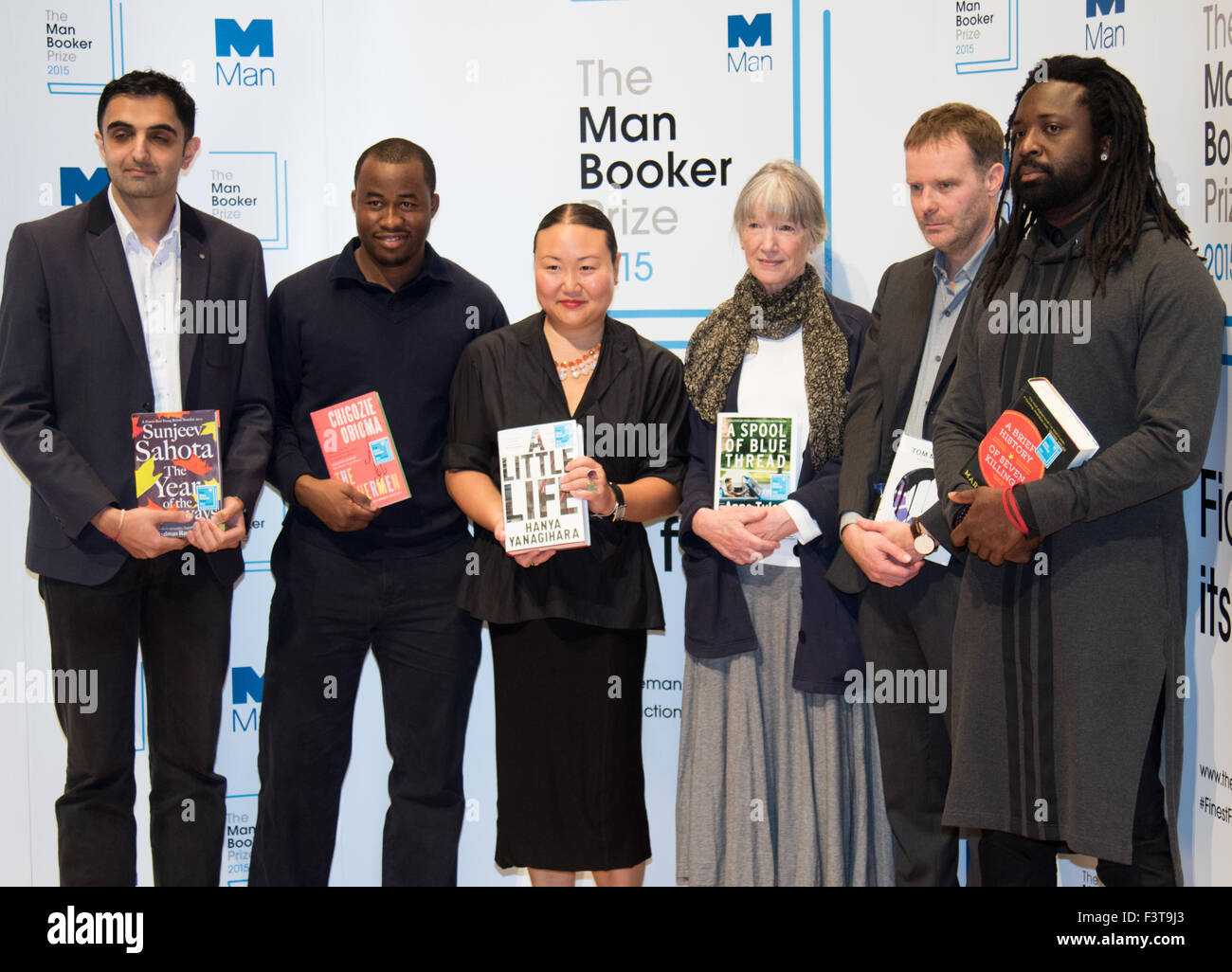 London, UK. 12th October, 2015. Man Booker Prize for Fiction Finalists gather at the Royal Festival Hall on the eve of the winner's announcement. PICTURED:  L-R: British writer Sunjeev Sahota, Nigerian writer Chigozie Obioma, American writer Hanya Yanagihara, American writer Anne Tyler, British Writer Tom McCarthy, Jamaican writer Marlon James Credit:  Paul Davey/Alamy Live News Stock Photo