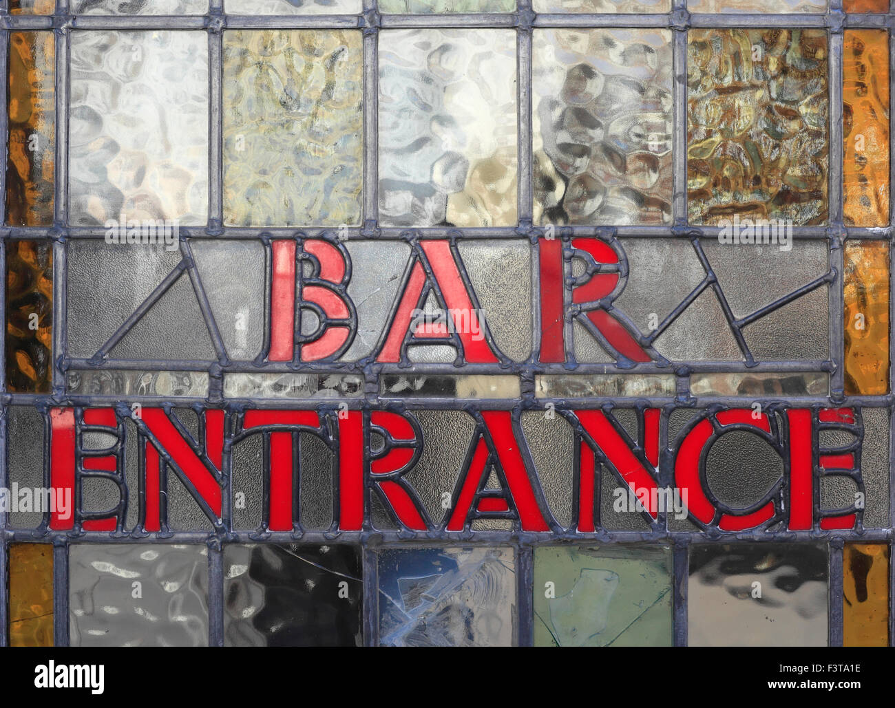 Stained glass sign at a pub door 'BAR ENTRANCE'. Stock Photo
