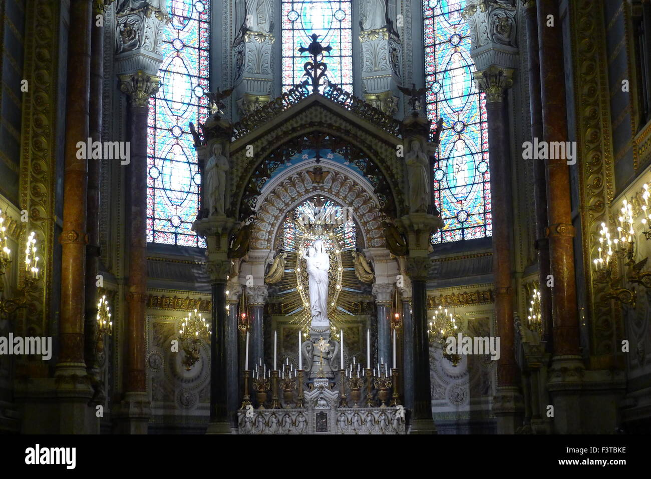 Millefaut’s Virgin Mary at Basilica of Notre-Dame de Fourvière, Lyon, France Stock Photo